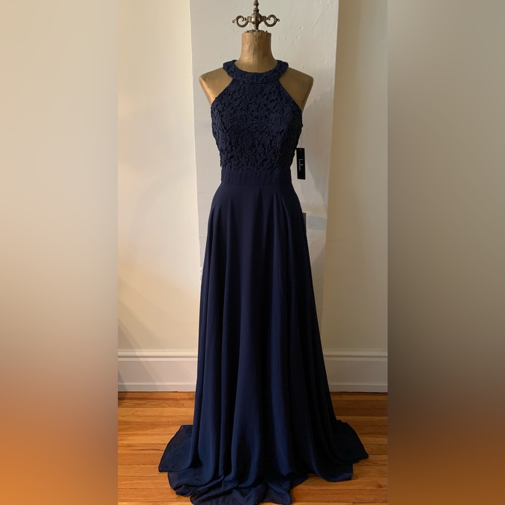 LULUS Navy Chiffon & Lace Long Dress NWT